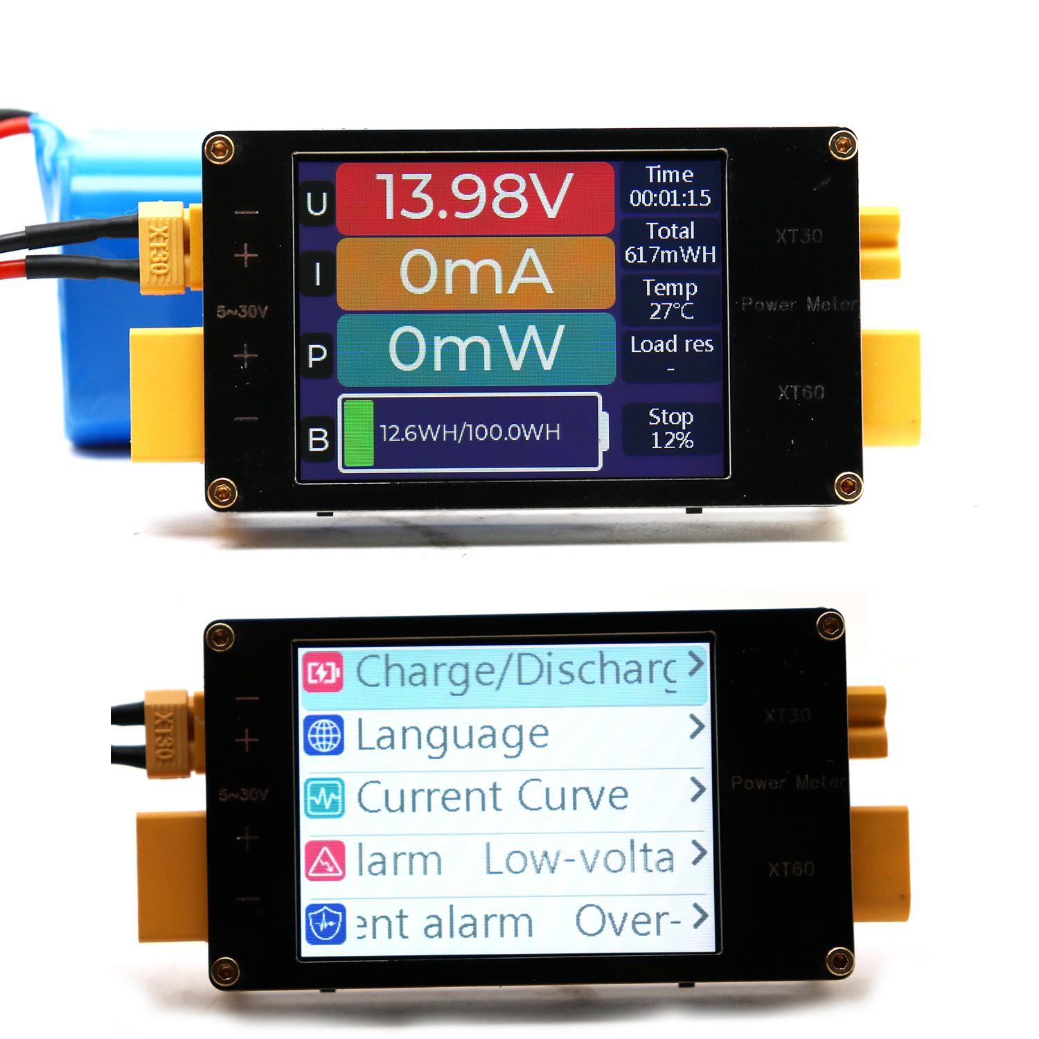 Drone Battery Voltage Checker - 2,4-Zoll-Display Leistungsmesser XT60 64A Bidirektionaler Stromalarm-Monitor